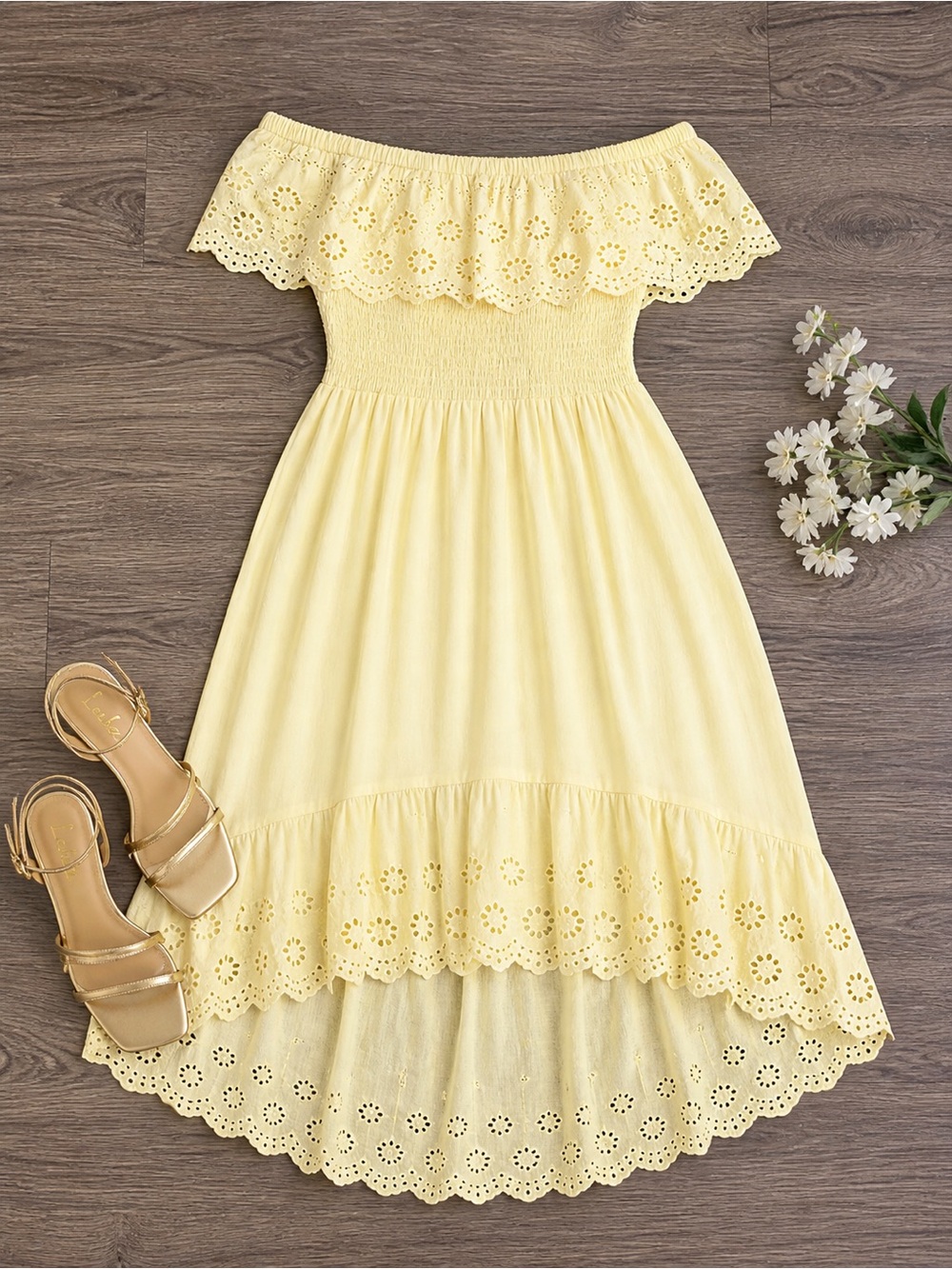 Fashion Nova Lemon Yellow Strapless Eyelet Hi-Low Dress